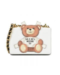 Moschino Cross Bear Women Small Leather Flap Shoulder Bag White