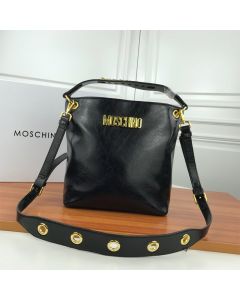 Moschino Logo Women Paten Leather Zip Bucket Bag Black