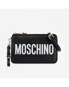 Moschino Contrasting Logo Women Leather Shoulder Bag Black