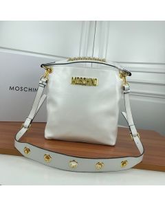 Moschino Logo Women Paten Leather Zip Bucket Bag White