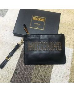 Moschino Studded Logo Women Leather Clutch Black