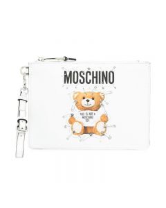 Moschino Safety Pin Teddy Women Leather Clutch White