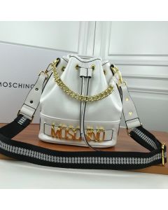 Moschino Logo Women Paten Leather Bucket Bag White