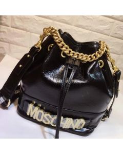 Moschino Logo Women Paten Leather Bucket Bag Black