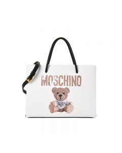 Moschino Paper Bear Women Leather Tote White