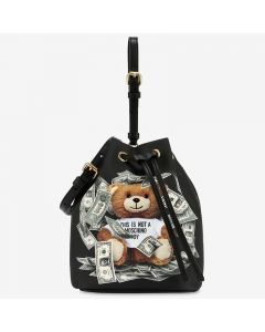 Moschino Dollar Teddy Bear Women Leather Bucket Bag Black