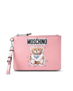 Moschino Safety Pin Teddy Women Leather Clutch Pink