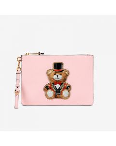 Moschino Circus Teddy Women Leather Clutch Pink